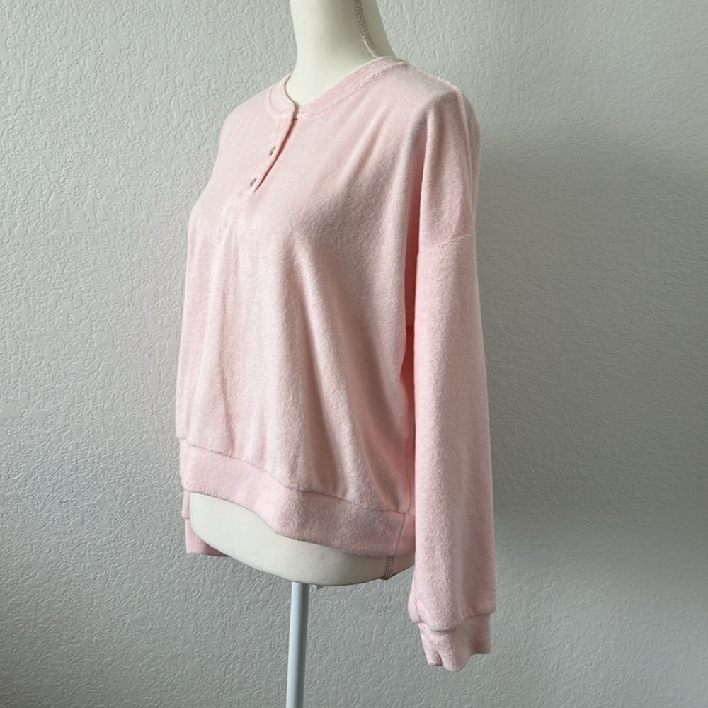 DONNI. Pink Terry Cloth Henley‎ Sweatshirt Relaxed Fit Long Sleeve Size Large - Picture 8 of 12